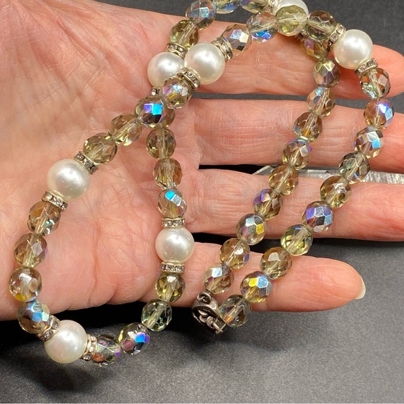 Crystal AB Beads Faux Pearls Necklace Sterling Clasp - Picture 6 of 7